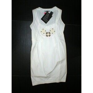 New Womens 4 S NWT Designer Brian Dales White Dress 40 Cotton Stones Tan Italy